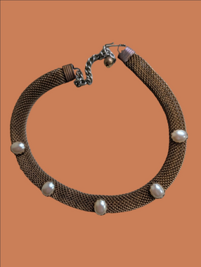 Vintage Necklace Pearl Accent Bronze Mesh Choker Collar Style Necklace 1960s